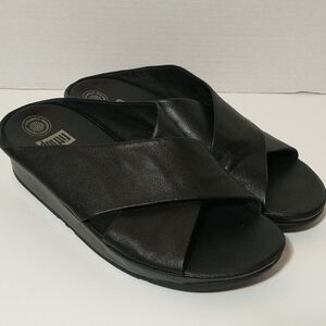 FitFlop Lulu Leather Criss Cross Slide Sandal, Black, Size‎ 10, Platform